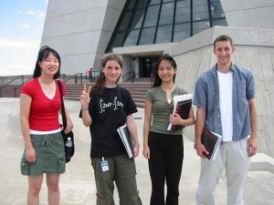 (left to right) Julia Ye, Paul Bierdz, Ting Wu and Phil Buksa have spent much of their summer vacation learning about life as a young Fermilab researcher.