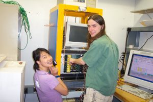 Julia Ye and Paul Bierdz test high voltage supplies for the DZero collider detector experiment. 
