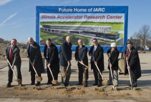 Officials broke ground for the Illinois Accelerator Research Center at Fermilab Dec. 16. From left: Bob Kephart, IARC Project Director; Jim Siegrist, associate director of the Office of Science for the Office of High Energy Physics; Michael Weis, DOE Fermilab site manager for the Office of Science; William Brinkman, director of the Office of Science for the DOE; Pier Oddone, Fermilab director; Warren Ribley, director of the Illinois Department of Commerce and Economic Opportunity; Linda Holmes, Illinois state senator; and Michael Fortner, Illinois state representative.