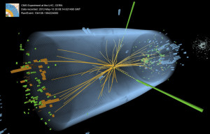 CMS Higgs Event Graphic - The discovery of the Higgs particle in 2012 was named breakthrough of the year by Science magazine. The CMS experiment as one of two experiments at the Large Hadron Collider that recorded telltale signs of the production of the Higgs boson in high-energy proton-proton collisions. Credit: CMS Collaboration/CERN