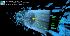 One of the first collisions in the CMS detector at the record-high energy of 13 TeV, taken during testing for the second run of the Large Hadron Collider in late May. Image: CMS/CERN