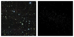 These two images allow you to see how difficult it is to spot these dwarf galaxy candidates in the Dark Energy Camera's images. The first image is a snapshot of DES J0335.6-5403, a celestial object found with the Dark Energy Camera. It is the most likely of the newly discovered candidates to be a galaxy, according to DES scientists. This object sits roughly 100,000 light-years from Earth, and contains very few stars – only about 300 could be detected with DES data. The second image shows the detectable stars that likely belong to this object, with all other visible matter blacked out. Dwarf satellite galaxies are so faint that it takes an extremely sensitive instrument like the Dark Energy Camera to find them. More analysis is required to confirm if any of the newly discovered objects are in fact galaxies. Image: Fermilab/Dark Energy Survey