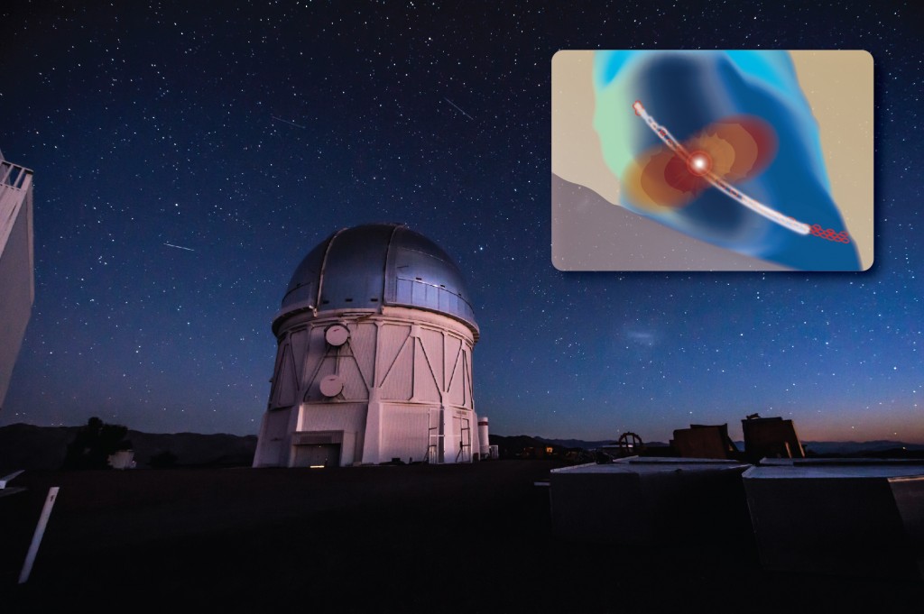 DES-GW is using the Dark Energy Camera in the Blanco Telescope in Chile to look for sources of gravitational waves. The red, orange and yellow areas the inset represent gravitational waves, and the bright light represents the source of these waves. The thin white arc illustrates a narrow area of sky where LIGO scientists believe a gravitational wave may have originated.