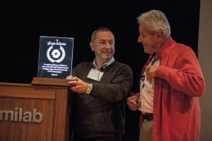 In 2014, Nigel Lockyer, left, recognized Fermilab scientist Giorgio Bellettini for “his 35 year dedication to science at Fermilab and for being instrumental in bringing a large international community to the Tevatron program.” Photo: Cindy Arnold” Photo: Cindy Arnold