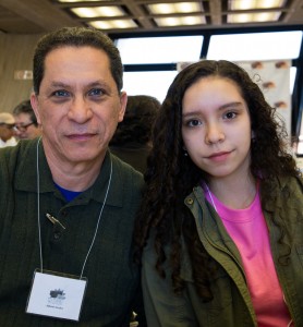 Alberto Avalos and his daughter, Claudia, attended the Latina STEM Conference April 9. The two said they were excited to see the lab and meet other Latinas interested in similar fields of study. Photo: Rashmi Shivni