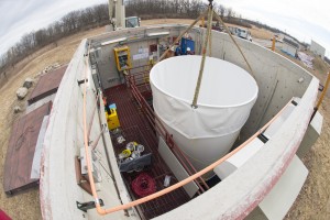 The ANNIE detector was lowered into the SciBooNE Building at Fermilab on February 29. Photo: Reidar Hahn