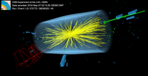 Collisions recorded on May 7, 2016, by the CMS detector on the Large Hadron Collider. After a winter break, the LHC is now taking data again at extraordinary energies. Image: CERN