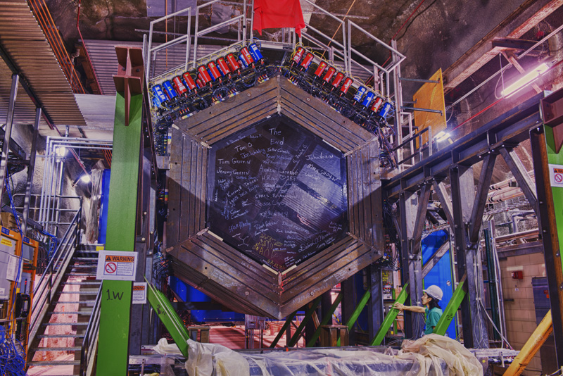 The front face of the MINERvA detector sits in its underground home near the end of construction. This front face is no longer visible because of the helium target that was installed upstream. Photo: Reidar Hahn.