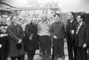 Japanese researchers have been with Fermilab from the beginning. This picture was taken on Feb. 11, 1972, when Fermilab's Main Ring accelerator achieved 100 billion electronvolts. (Eighteen days later, its energy would double to 200 billion eV.) From left: Jim Griffin, Bob Wilson, Dave Sutter, Ned Goldwasser, Tom Collins, Shigeki Mori, Ed Hubbard, Ernie Malamud. Photo: Ryuji Yamada
