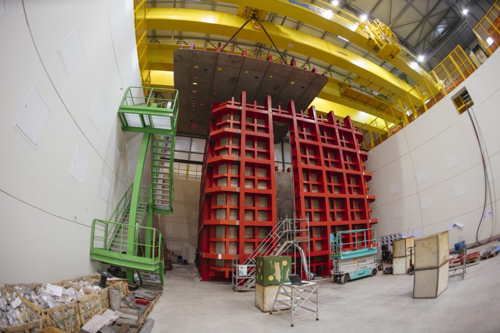 The construction at CERN for prototypes of the future Deep Underground Neutrino Experiment detector is under way. Seen here is the outer structure of the cryostat for the single-phase ProtoDUNE. Photo: Maximilien Brice, CERN