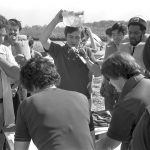 For the 1976 race, Chair Larry Allen draws the entering order for the 12 participating teams. Photo: Fermilab