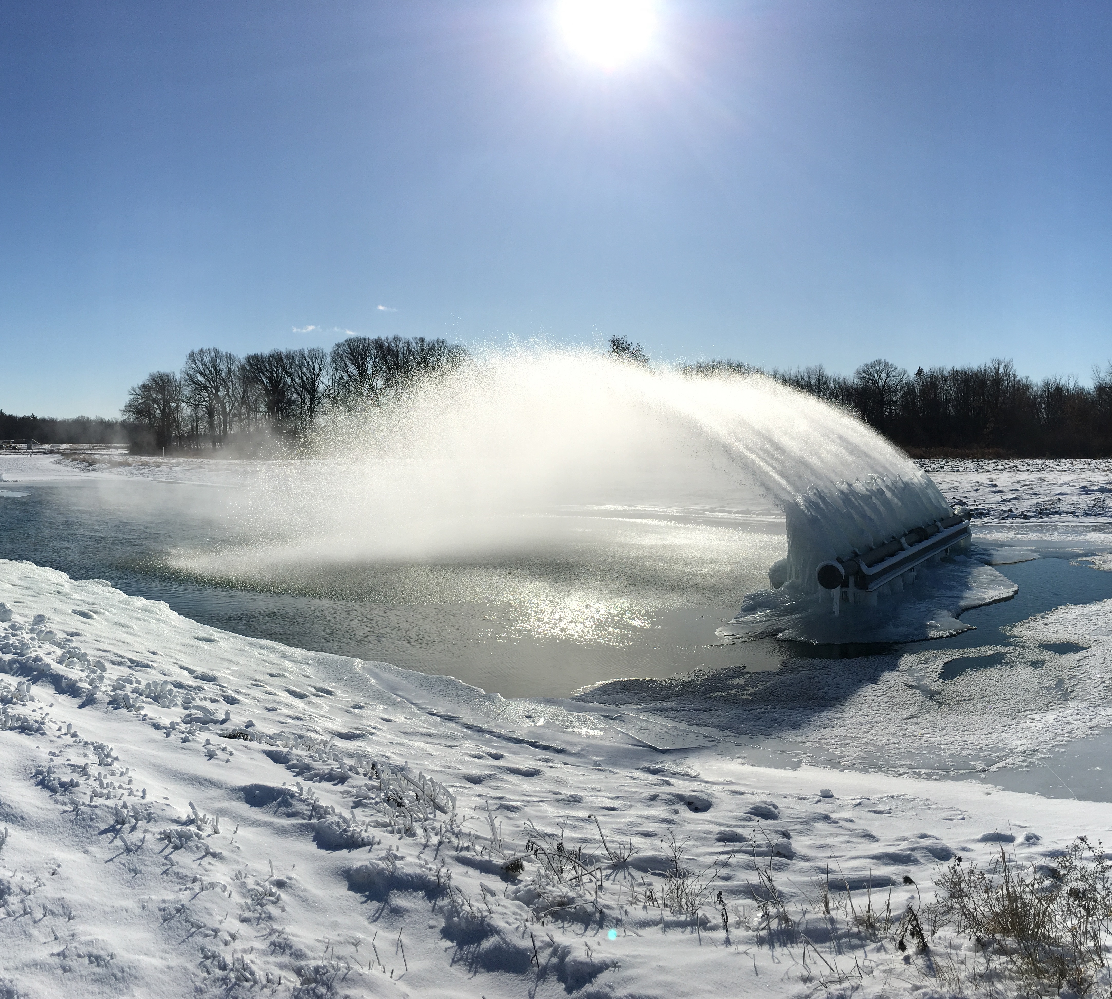 This was captured at the Main Injector pond spray header on a cold January afternoon. Photo: Arvydas Vasonis, landscape, nature, winter, snow, ice, sky, sun