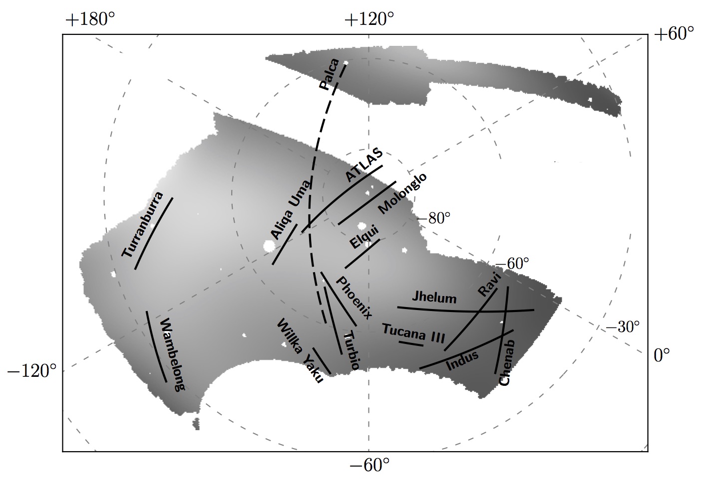 This image shows the full area of sky mapped by the Dark Energy Survey and the 11 newly discovered stellar streams. Four of the streams in this diagram — ATLAS, Molonglo, Phoenix and Tucana III – were previously known. The others were discovered using the Dark Energy Camera, one of the most powerful astronomical cameras on Earth.