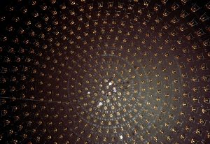 This interior view of the MiniBooNE detector tank shows the array of photodetectors used to pick up the light particles that are created when a neutrino interacts with a nucleus inside the tank. Photo: Reidar Hahn