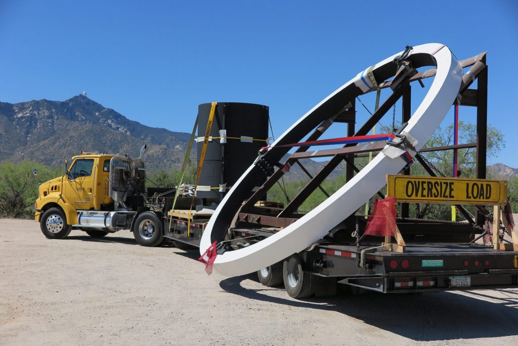 The DESI corrector barrel's cage, ring and support vanes are delivered to the Mayall Telescope at Kitt Peak in Arizona. Fermilab designed and built the corrector barrel, which holds DESI's six lenses in perfect alignment. Photo: David Sprayberry, National Optical Astronomy Observatory