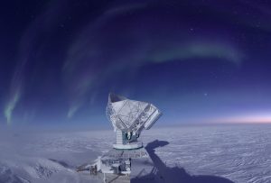The South Pole Telescope measures the cosmic microwave background from the earliest days of the universe. Photo courtesy of Brad Benson