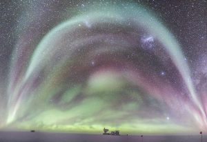 The Aurora Australis above the South Pole Telescope. Photo courtesy of Brad Benson