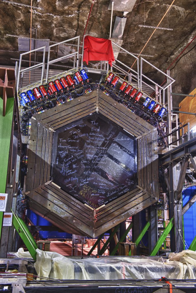 Neutrinos entering the MINERvA detector interact with the detector's atoms, generating new particles before fleeing the scene. The MINERvA experiment recently used a new investigative technique to better trace those fleeing neutrinos that kicked everything off. Photo: Reidar Hahn