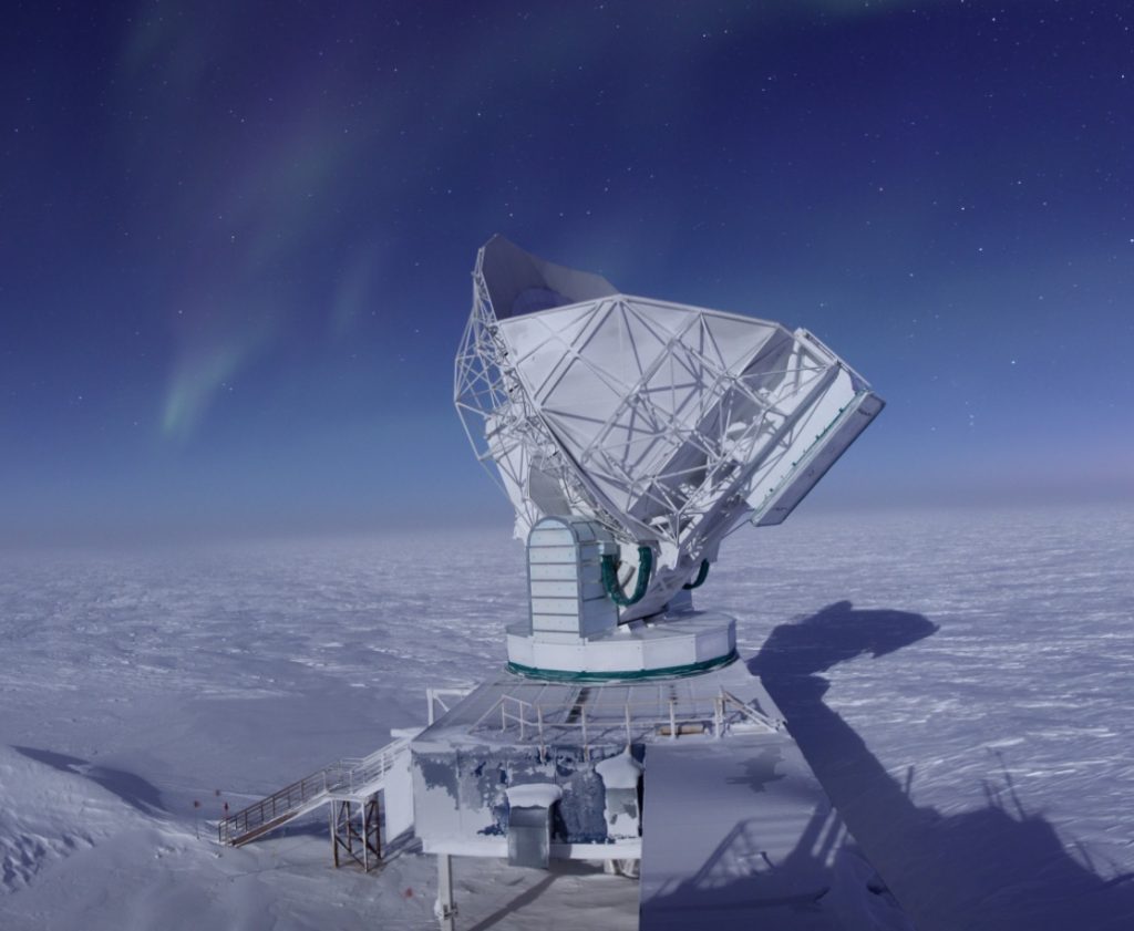 The camera on the South Pole Telescope measures minuscule fluctuations in the polarization of cosmic-microwave-background light across the southern sky. Photo: Jason Gallicchio, University of Chicago