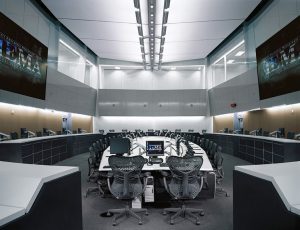 This shows the main meeting room at the State Emergency Operations Center in Springfield, Illinois. Photo: LVD Architecture