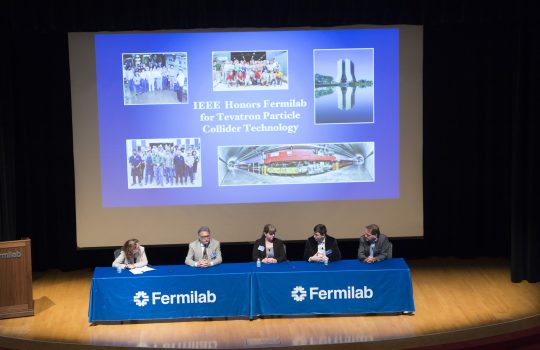 A panel discusses the future of superconducting magnets and accelerators in science: Jennifer Bernhard (University of Illinois at Urbana-Champaign), Kathleen Amm (GE Medical Systems), Joseph Minervini (MIT), Herman Ten Kate (CERN), Alexander Romanenko (Fermilab). Photo: Reidar Hahn