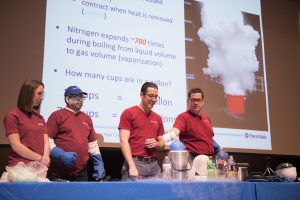 The team behind the popular Colder than Cool liquid-nitrogen demonstration is Katherine Cipriano, Jose de la O, Andrew Dalesandro and Jamie Santucci. Photo: Jim Shultz