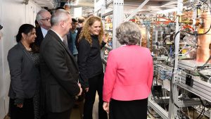 Fermilab PIP-II Project Director Lia Merminga, in pink blazer, gives Her Excellency the Right Honorable Julie Payette, Governor General of Canada a tour of the facility. Photo: Reidar Hahn