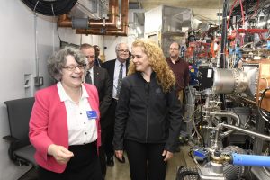 Fermilab PIP-II Project Director Lia Merminga, left, leads Her Excellency the Right Honorable Julie Payette, Governor General of Canada, on a tour of accelerator developments for PIP-II. Photo: Reidar Hahn