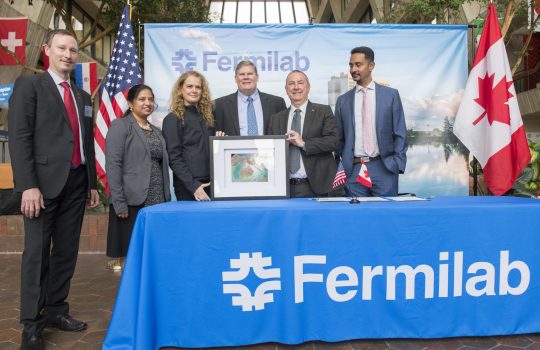 Her Excellency the Right Honorable Julie Payette, Governor General of Canada, visited Fermilab on April 26. From left: Fermilab Chief Operating Officer Tim Meyer, Fermilab Chief of Staff Hema Ramamoorthi, Canada Governor General Julie Payette, DOE Fermi Site Office Manager Mike Weis, Fermilab Director Nigel Lockyer, York University Dean of Science Ray Jayawardhana. Photo: Reidar Hahn