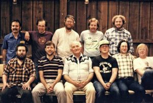 Chicago Barn Dance Company musicians in 1989 with special guest Lotus Dickey (front row, third from left), and others. Juel Ulven (front row, far right) is the president of the Fox Valley Folklore Society and also runs sound at the dances. Back row, from left: Tony Scarimbolo, Paul Watkins, Fred Campeau, Jim Nelson, Phil Cooper. Front row, from left: Marc Gunther, Paul Tyler, Lotus Dickey, Lynn "Chirps" Smith, John Terr, Juel Ulven. Photo courtesy of Juel Ulven