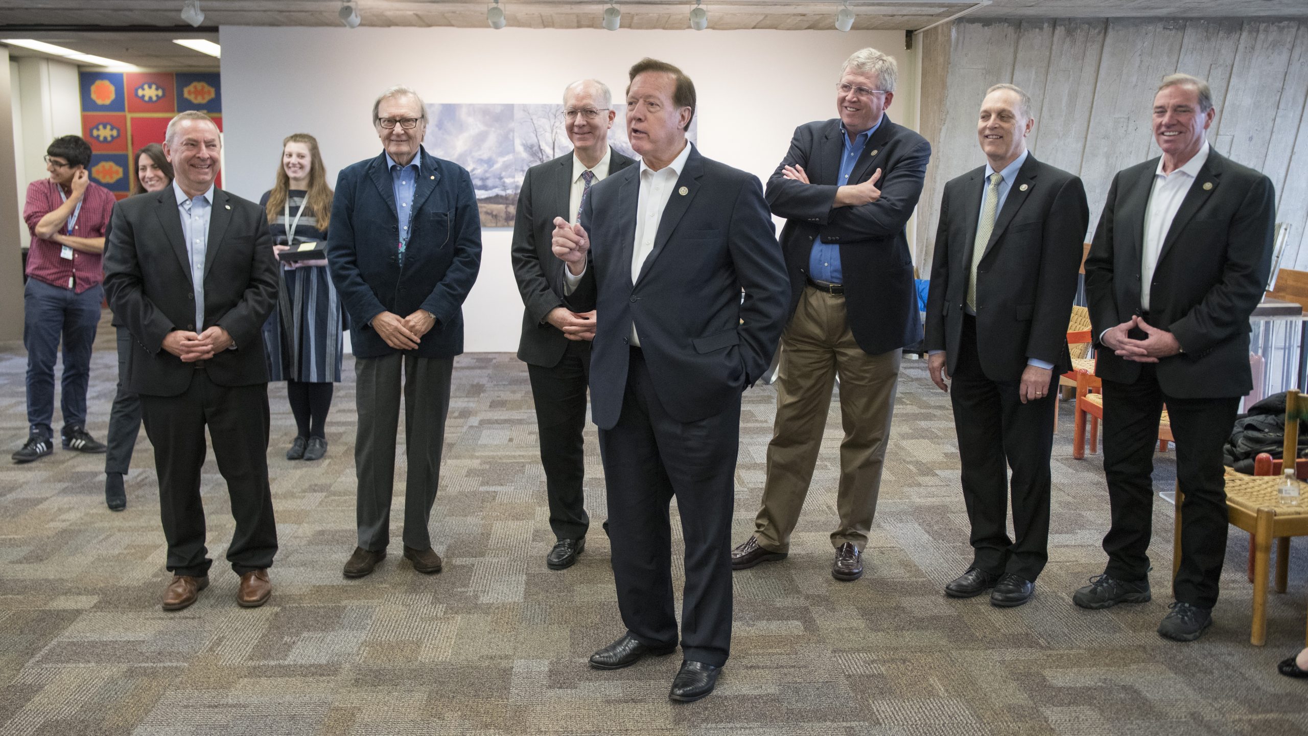Congressman Randy Weber, chair of the Energy Subcommittee of the House Science Committee, congratulated about 100 Saturday Morning Physics students at their graduation ceremony when he and four other members of the House Science Committee visited Fermilab on May 12, 2018. From left: Fermilab Director Nigel Lockyer, Nobel laureate Carlo Rubbia, Congressman Bill Foster, D-Illinois, Congressman Randy Weber, R-Texas, Congressman Frank Lucas, R-Oklahoma; Congressman Andy Biggs, R-Arizona; Congressman Neal Dunn, R-Florida. Photo: Reidar Hahn