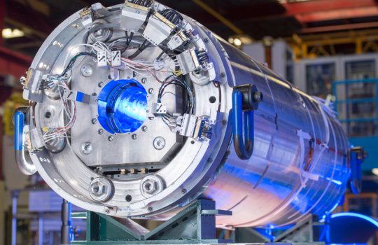 Fermilab is developing magnets such as this one, which is mounted on a test stand at Fermilab, for the High-Luminosity LHC. Photo: Reidar Hahn