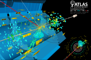 This event display from ATLAS shows a proton-proton collision inside the Large Hadron Collider that has characteristics of a Higgs decaying into two bottom quarks. While this is the most common decay of the Higgs boson, its signature is very difficult to separate from similar looking background events. Image courtesy of ATLAS