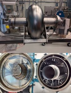 Low-frequency cavity (top) is prepared for insertion into the vacuum furnace used for niobium-tin coating (bottom). Photos courtesy of Sam Posen