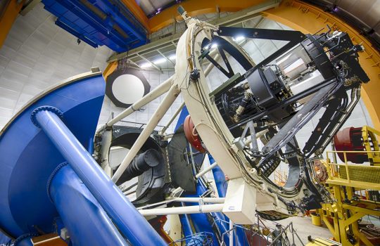 The Dark Energy Camera mounted on the 4-meter Blanco telescope at the Cerro Tololo Inter-American Observatory in Chile. The final day of data-taking for the Dark Energy Survey is Jan. 9.