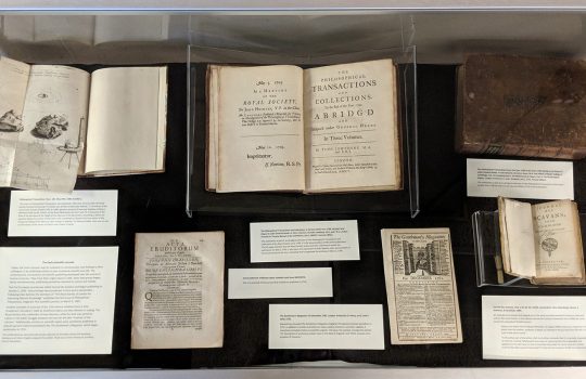 Visit the display case in the Fermilab Art Gallery to view scientific journals from the 17th and 18th centuries. Photo: Valerie Higgins