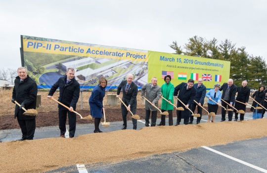 On Friday, March 15, Fermilab broke ground on the PIP-II accelerator project, joined by dignitaries from the United States and international partners on the project. From left: Senator Tammy Duckworth (IL), Senator Dick Durbin (IL), Rep. Sean Casten (IL-6), Rep. Robin Kelly (IL-2), Rep. Bill Foster (IL-11), Fermilab Director Nigel Lockyer, Rep. Lauren Underwood (IL-14), Illinois Governor JB Pritzker, DOE Under Secretary for Science Paul Dabbar, Fermilab PIP-II Project Director Lia Merminga, DOE Associate Director for High Energy Physics Jim Siegrist, University of Chicago President Robert Zimmer, Consul General of India Neeta Bhushan, British Consul General John Saville, Consul General of Italy Giuseppe Finocchiaro, Consul General of France Guillaume Lacroix, DOE Fermi Site Office Manager Mike Weis, DOE PIP-II Federal Project Director Adam Bihary and Consul General of Poland Piotr Janicki. Photo: Reidar Hahn