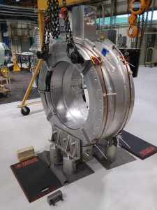 The Magnet Systems Group is back to work in HAB, building the Mu2e transport solenoid magnets. We performed what we believe is the first "critical lift" under the new FESHM 10200 Lift Plans chapter on Wednesday, June 3. This is test unit TSUN08 in its warm testing position. Mu2e, operations, magnet, technology Photo: Jeff Brandt