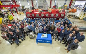Building something as complex as a superconducting cryomodule takes the efforts of an entire team of scientists, engineers and technicians. This picture was taken in January 2020 in Fermilab's Industrial Center Building at the end of the SSR1 cryomodule assembly. PIP-II, people, superconducting technology, cryomodule, Industrial Center Building Photo: Lynn Johnson, Fermilab