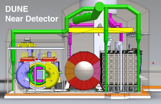 One of the DUNE near detector's subdetectors, SAND, will detect neutrinos with an electronic calorimeter, which measures particle energy, and a tracker, which records particle momenta and charge. A second subdetector will use liquid argon to mimic the neutrino interactions in the far detector. The third will use gaseous argon. Working together, they will measure particles with more precision than other neutrino detectors have been able to achieve. Credit: DUNE collaboration