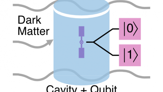 The blue cylinder in this diagram represents a superconducting microwave cavity used to accumulate a dark matter signal. The purple is the qubit used to measure the state of the cavity, either 0 or 1. The value refers to the number of photons counted. If the dark matter has successfully deposited a photon in the cavity, the output would measure 1. No deposition of a photon would measure 0. Image: Akash Dixit, University of Chicago