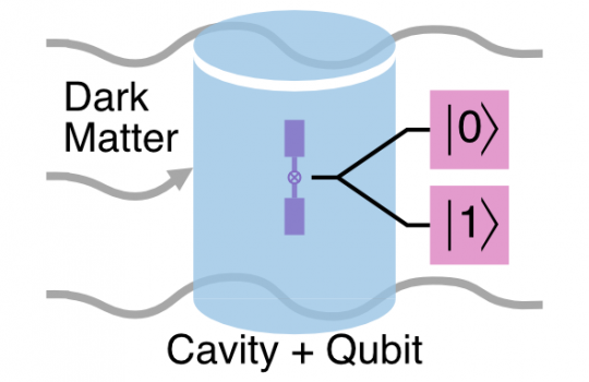 The blue cylinder in this diagram represents a superconducting microwave cavity used to accumulate a dark matter signal. The purple is the qubit used to measure the state of the cavity, either 0 or 1. The value refers to the number of photons counted. If the dark matter has successfully deposited a photon in the cavity, the output would measure 1. No deposition of a photon would measure 0. Image: Akash Dixit, University of Chicago