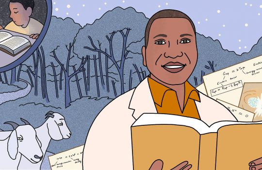 A cartoonish illustration of a man in a labcoat holding a yellow book. Behind him to the right are notes with equations on them. To the left of him, goats. In the background, trees and a starry night. In the left upper corner, in a bubble similar to a thought bubble in a comic strip, a child reading a book by candlelight.