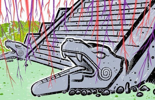 A cartoon-style illustration of a gray outdoor staircase with ornate serpents, tongues out, as the bannisters. Green grass in front, red and purple lightning shapes striking down all over the illustration.