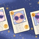 Three factoid cards, which look similar to playing cards or a baseball card, appear on a background of stars in a night sky (or in outer space) in a cartoon rendering. On each of the cards is a circle adjusted its sunglasses, presumably each a type of neutrino. Underneath these images on the cards are scribbles representing text and a question mark. In the upper left corner, the abbreviations for electron neutrino, a muon neutrino or a tau neutrino appear.