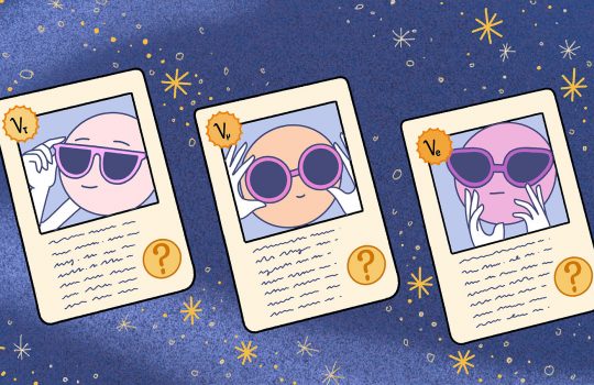 Three factoid cards, which look similar to playing cards or a baseball card, appear on a background of stars in a night sky (or in outer space) in a cartoon rendering. On each of the cards is a circle adjusted its sunglasses, presumably each a type of neutrino. Underneath these images on the cards are scribbles representing text and a question mark. In the upper left corner, the abbreviations for electron neutrino, a muon neutrino or a tau neutrino appear.