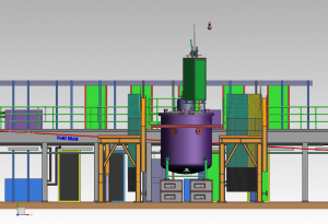 An illustration of a bright purple vat-like object with a bright green box above it. Yellow table-like structures flank the purple tank, which also appears to be held in place with a thin red band.