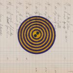 A piece of ledger paper runs perpendicularly with an ornate, old-fashioned script font, with names and notes. At the top (on the right-hand side of the illustration), the date is 1889. A large button of yellow and blue thin concentric circles with two button holes in the middle overlays the text in the center of paper.