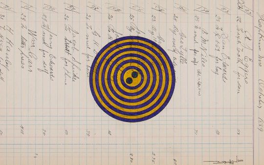 A piece of ledger paper runs perpendicularly with an ornate, old-fashioned script font, with names and notes. At the top (on the right-hand side of the illustration), the date is 1889. A large button of yellow and blue thin concentric circles with two button holes in the middle overlays the text in the center of paper.