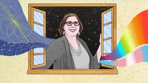 A woman opens a window from the outside and faces in. She has a brown bob and is wearing dark rectangualr glasses and light-colored earrings. In the background behind her, a starry sky. Waves come out from behind her and enter into the room. On the left, a purple, space-like wave. On the right a rainbow wave and a wave that has stripes the colors of the trans flag, blue, pink and white.